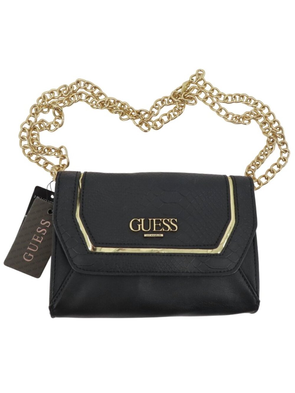 NEW Guess Valora Black Faux Leather Gold Chain Convertible Crossbody Belt Bag